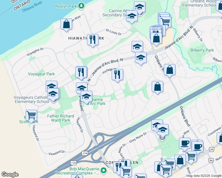 map of restaurants, bars, coffee shops, grocery stores, and more near 1084 Saint-Germain Crescent in Ottawa