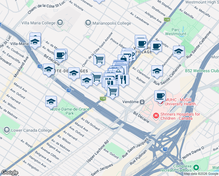 map of restaurants, bars, coffee shops, grocery stores, and more near 3411 Avenue Northcliffe in Montrã©Al