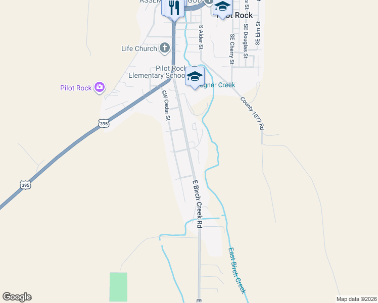 map of restaurants, bars, coffee shops, grocery stores, and more near 890 Southwest Birch Street in Pilot Rock