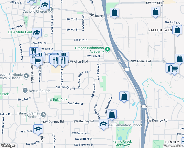 map of restaurants, bars, coffee shops, grocery stores, and more near 6160 Southwest Alice Lane in Beaverton