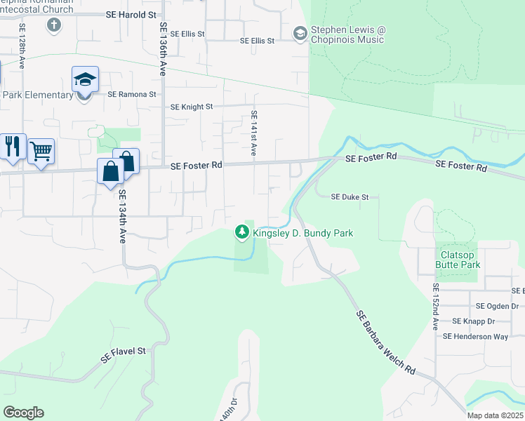 map of restaurants, bars, coffee shops, grocery stores, and more near 6545 Southeast 142nd Avenue in Portland