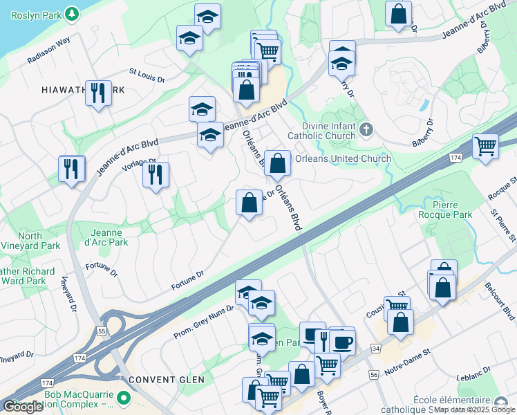 map of restaurants, bars, coffee shops, grocery stores, and more near 6372 Fortune Drive in Ottawa