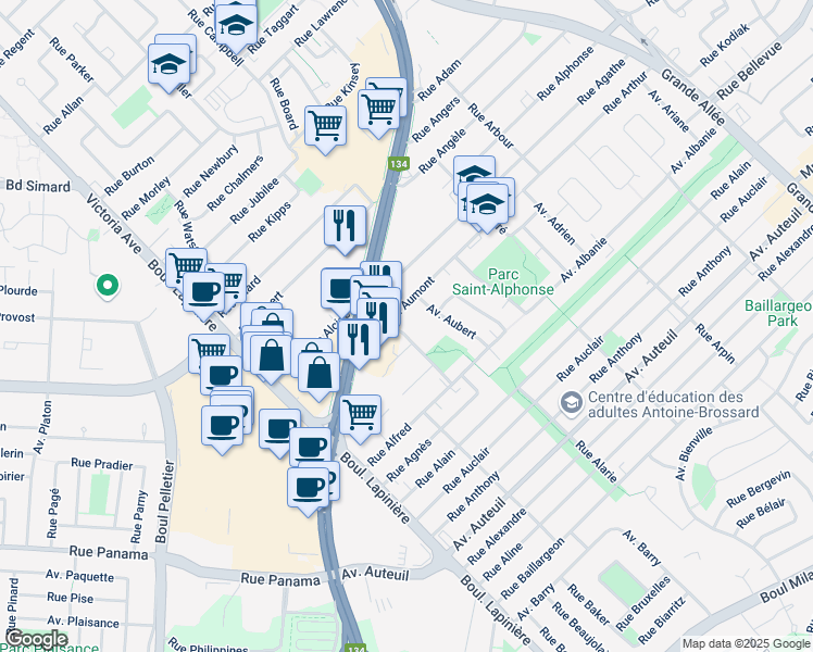 map of restaurants, bars, coffee shops, grocery stores, and more near 2470 Avenue Aumont in Brossard