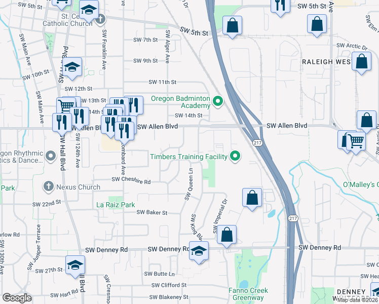 map of restaurants, bars, coffee shops, grocery stores, and more near 6160 Southwest Alice Lane in Beaverton