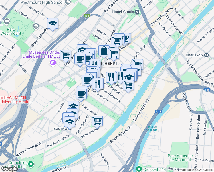 map of restaurants, bars, coffee shops, grocery stores, and more near 270 Rue Saint-Philippe in Montréal