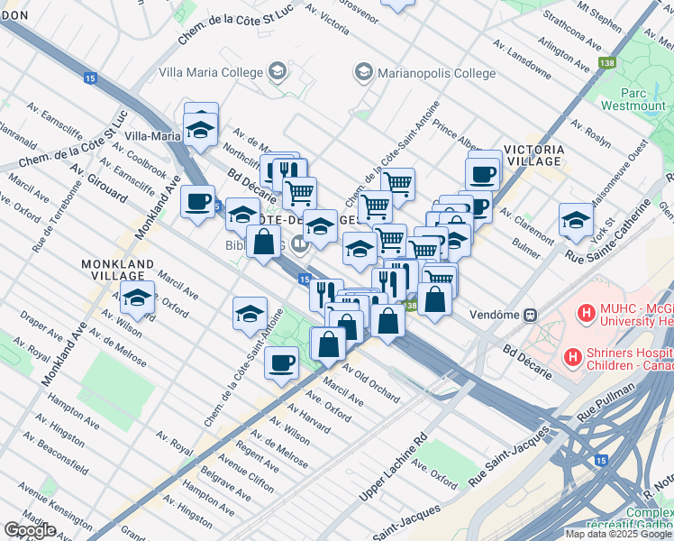map of restaurants, bars, coffee shops, grocery stores, and more near 3602 Avenue Prud'homme in Montreal