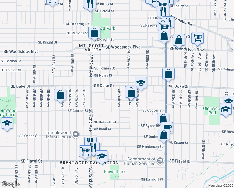 map of restaurants, bars, coffee shops, grocery stores, and more near 6523 Southeast 76th Avenue in Portland