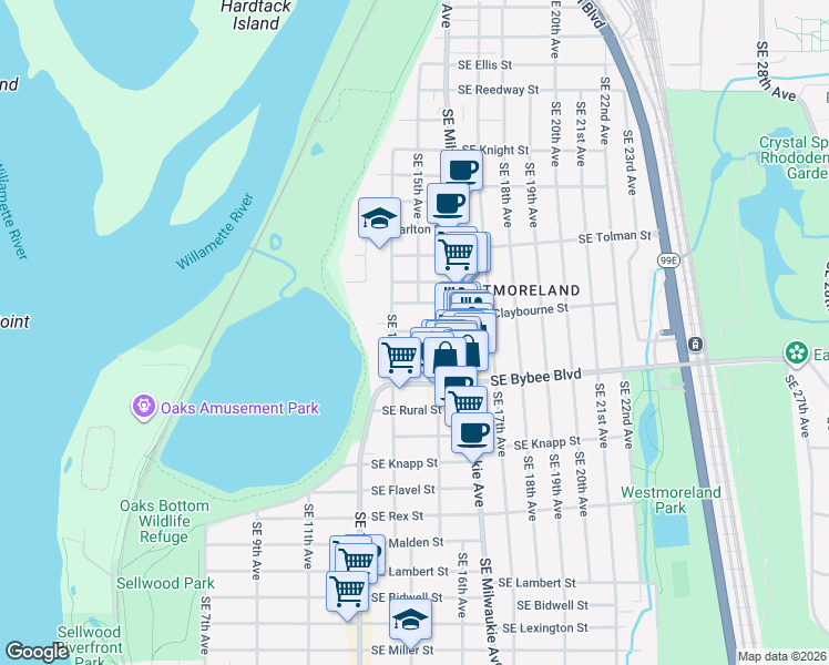 map of restaurants, bars, coffee shops, grocery stores, and more near 6521 Southeast 16th Avenue in Portland