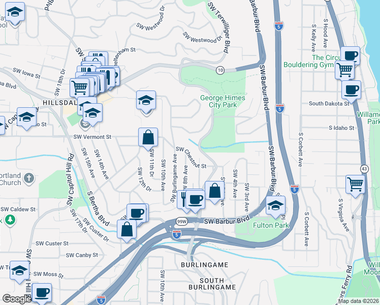 map of restaurants, bars, coffee shops, grocery stores, and more near 777 Southwest Chestnut Street in Portland