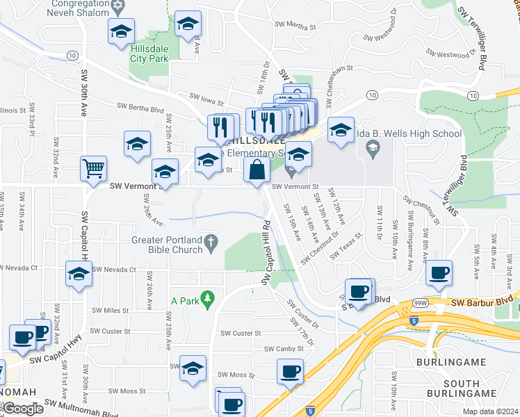 map of restaurants, bars, coffee shops, grocery stores, and more near 6835 Southwest Capitol Hill Road in Portland