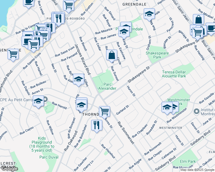 map of restaurants, bars, coffee shops, grocery stores, and more near 14899 Rue Oakwood in Montréal