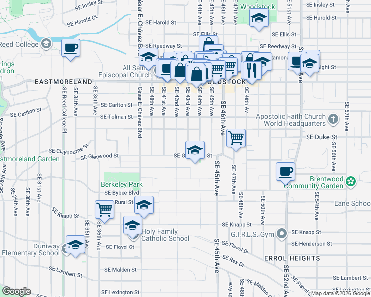 map of restaurants, bars, coffee shops, grocery stores, and more near 6521 Southeast 43rd Avenue in Portland