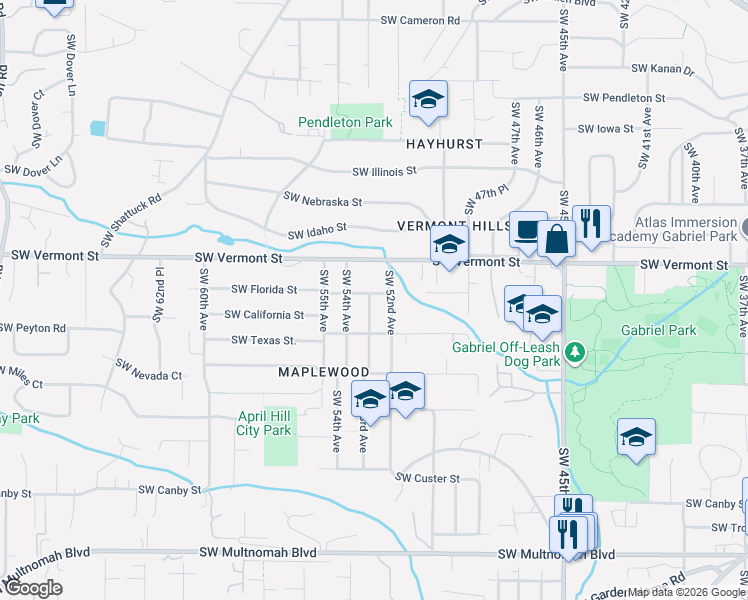 map of restaurants, bars, coffee shops, grocery stores, and more near 5303 Southwest Florida Street in Portland