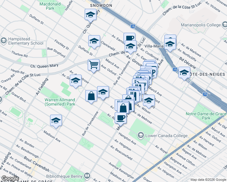 map of restaurants, bars, coffee shops, grocery stores, and more near 4472 Avenue Wilson in Montréal
