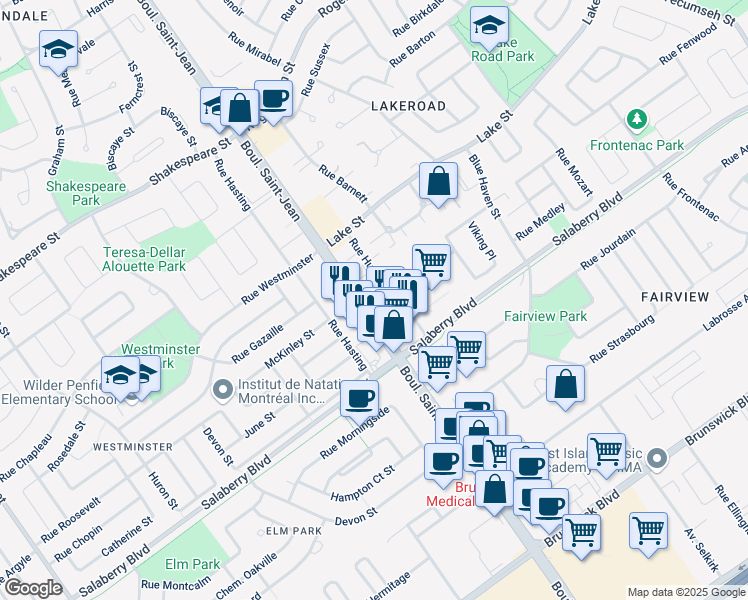 map of restaurants, bars, coffee shops, grocery stores, and more near in Dollard-Des Ormeaux
