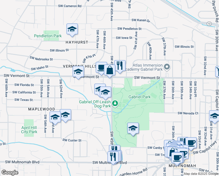 map of restaurants, bars, coffee shops, grocery stores, and more near 4525 Southwest California Street in Portland