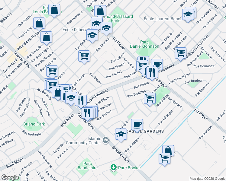 map of restaurants, bars, coffee shops, grocery stores, and more near 5285 Boulevard Gaétan-Boucher in Longueuil