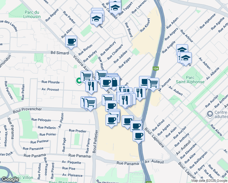 map of restaurants, bars, coffee shops, grocery stores, and more near 112 Boulevard Lapinière in Brossard
