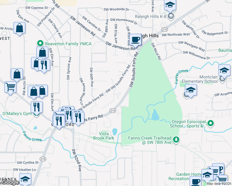 map of restaurants, bars, coffee shops, grocery stores, and more near 6190 Southwest Richey Lane in Portland