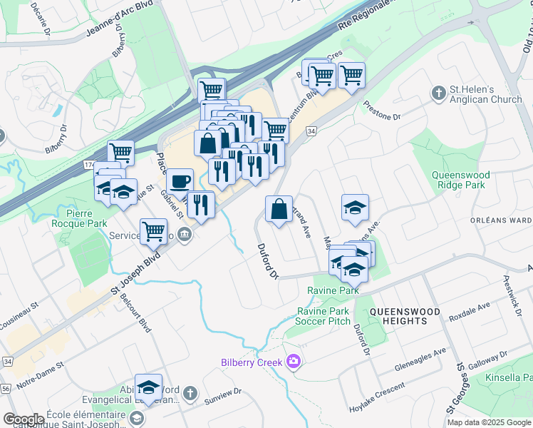 map of restaurants, bars, coffee shops, grocery stores, and more near 1369 Duford Drive in Ottawa