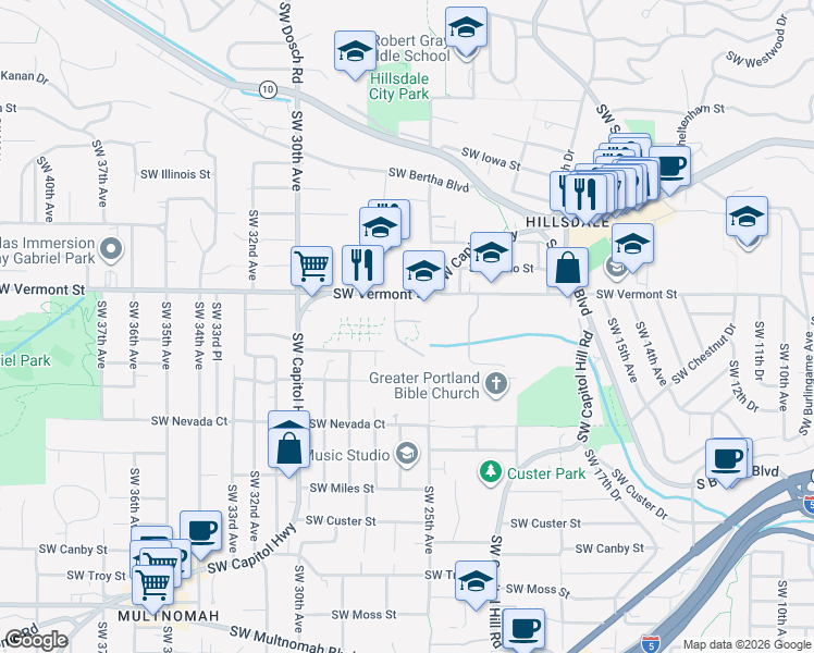 map of restaurants, bars, coffee shops, grocery stores, and more near 6810 Southwest 26th Avenue in Portland
