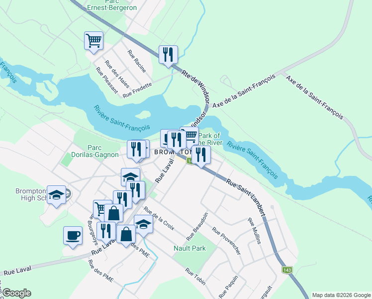 map of restaurants, bars, coffee shops, grocery stores, and more near 16 Rue Saint-Joseph in Sherbrooke