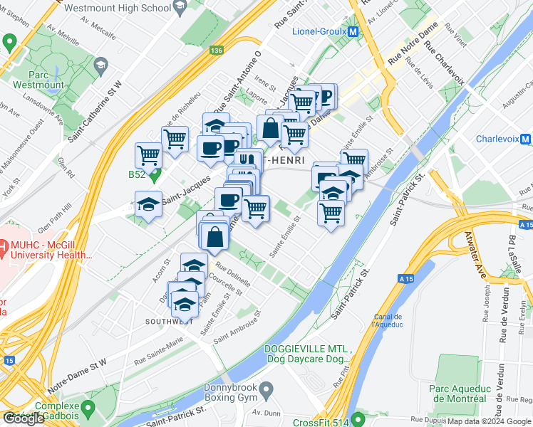 map of restaurants, bars, coffee shops, grocery stores, and more near 4287 Rue Sainte-Philomène in Montréal