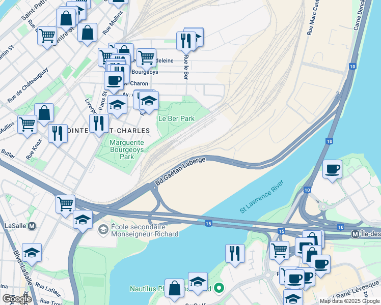 map of restaurants, bars, coffee shops, grocery stores, and more near VIA Rail Montréal Maintenance Centre in Montreal