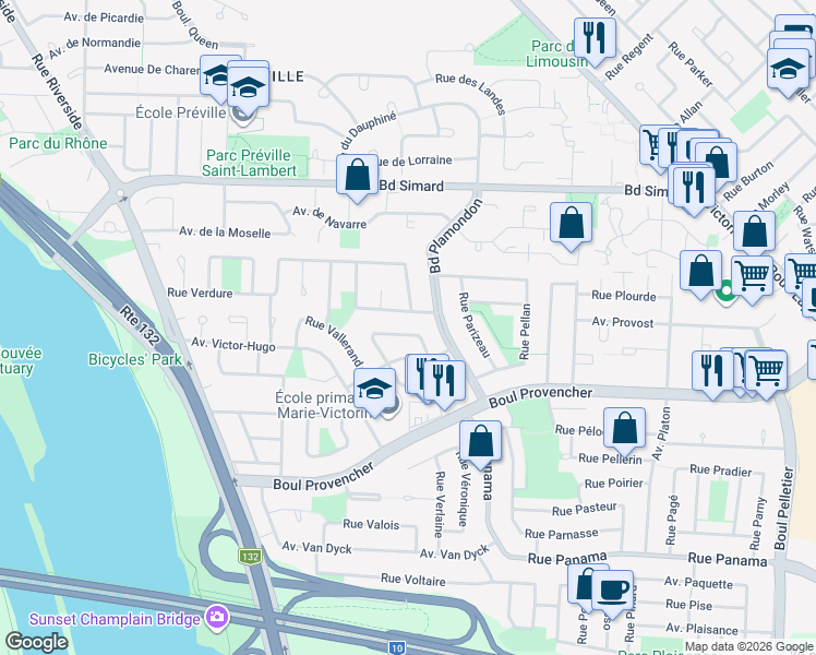 map of restaurants, bars, coffee shops, grocery stores, and more near 900 Rue Picard in Brossard