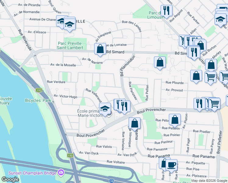 map of restaurants, bars, coffee shops, grocery stores, and more near 900 Rue Picard in Brossard
