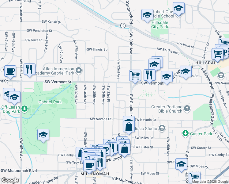 map of restaurants, bars, coffee shops, grocery stores, and more near 6819 Southwest 32nd Avenue in Portland