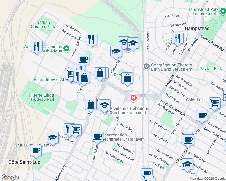 map of restaurants, bars, coffee shops, grocery stores, and more near 5740 Boulevard Cavendish in Côte Saint-Luc