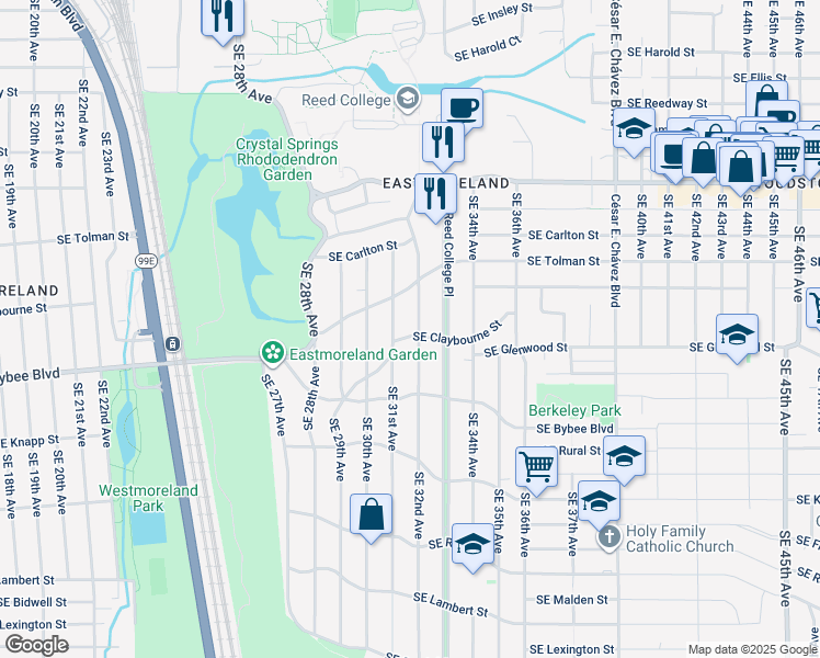 map of restaurants, bars, coffee shops, grocery stores, and more near 3133 Southeast Claybourne Street in Portland