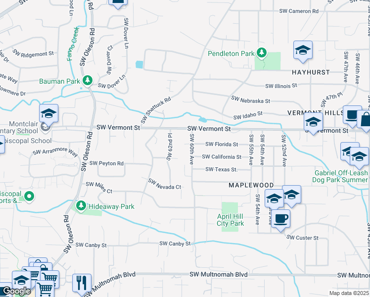 map of restaurants, bars, coffee shops, grocery stores, and more near 6749 Southwest 60th Avenue in Portland