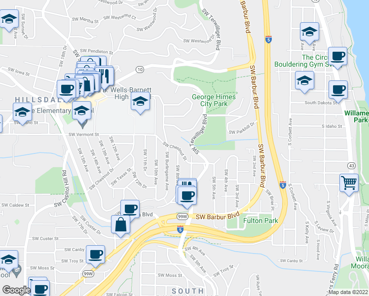map of restaurants, bars, coffee shops, grocery stores, and more near 777 Southwest Chestnut Street in Portland
