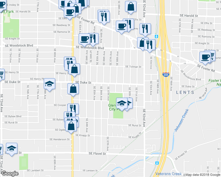 map of restaurants, bars, coffee shops, grocery stores, and more near 6503 Southeast 87th Avenue in Portland