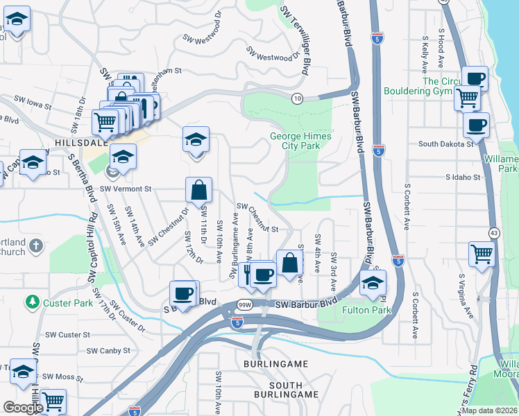 map of restaurants, bars, coffee shops, grocery stores, and more near 777 Southwest Chestnut Street in Portland