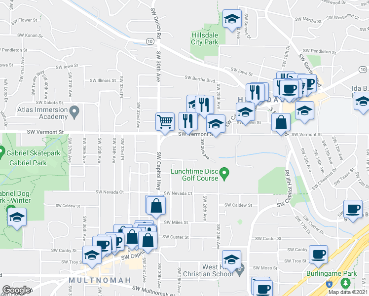 map of restaurants, bars, coffee shops, grocery stores, and more near 6688 Southwest Capitol Highway in Portland