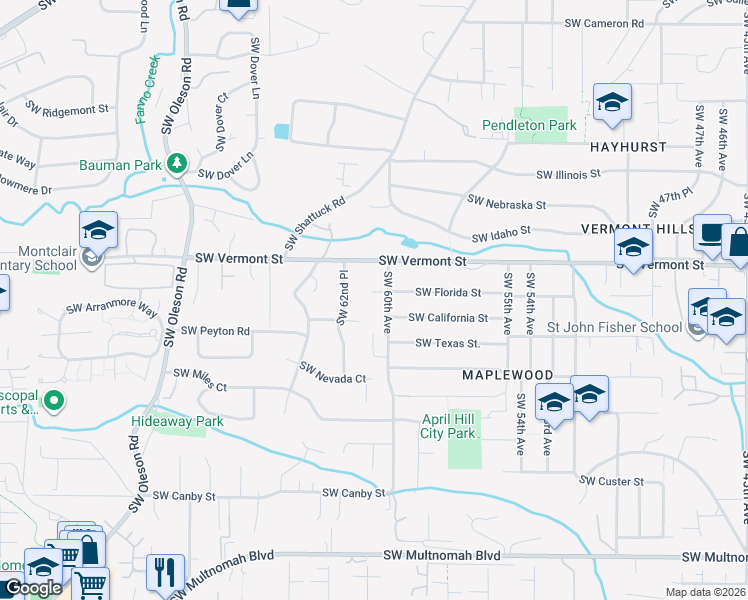 map of restaurants, bars, coffee shops, grocery stores, and more near 6749 Southwest 60th Avenue in Portland