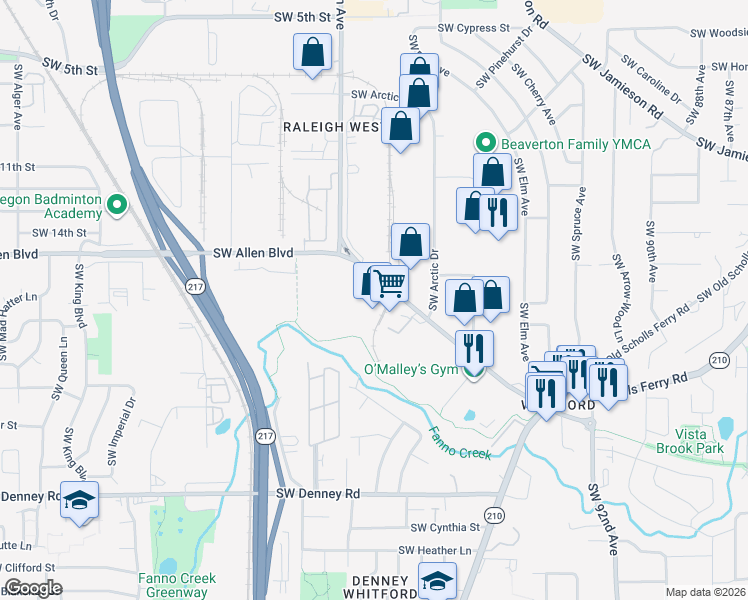 map of restaurants, bars, coffee shops, grocery stores, and more near 10140 Southwest Allen Boulevard in Beaverton