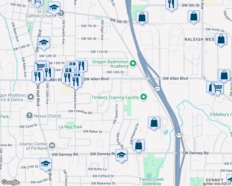 map of restaurants, bars, coffee shops, grocery stores, and more near 6150 Southwest Alice Lane in Beaverton