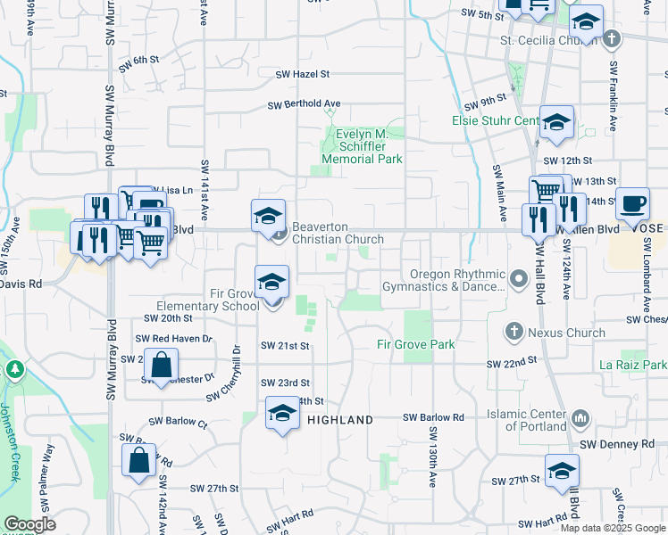 map of restaurants, bars, coffee shops, grocery stores, and more near 13497 Southwest 17th Street in Beaverton