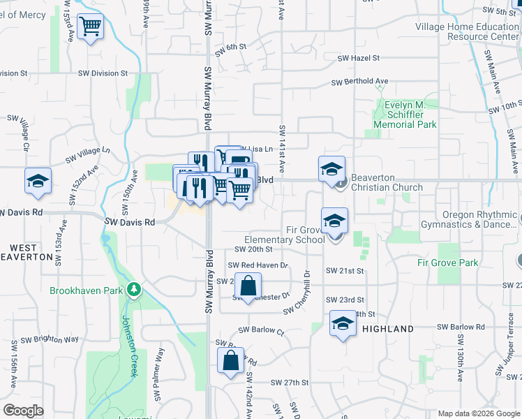 map of restaurants, bars, coffee shops, grocery stores, and more near 14186 Southwest Allen Boulevard in Beaverton