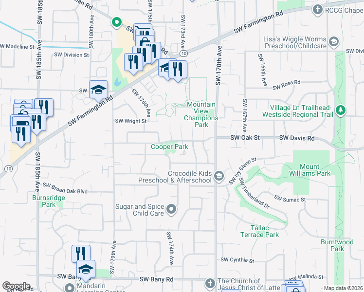 map of restaurants, bars, coffee shops, grocery stores, and more near 17270 Southwest Oak Street in Aloha