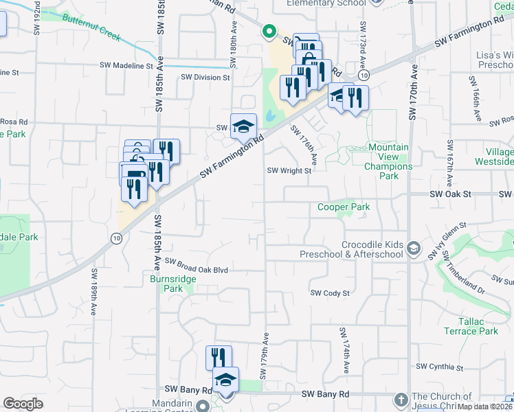 map of restaurants, bars, coffee shops, grocery stores, and more near 17954 Southwest Oak Street in Beaverton
