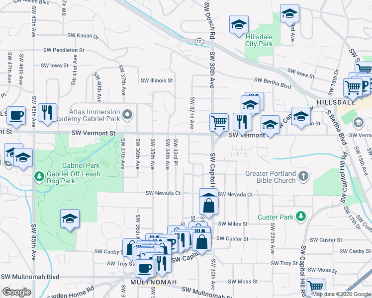 map of restaurants, bars, coffee shops, grocery stores, and more near 6819 Southwest 32nd Avenue in Portland