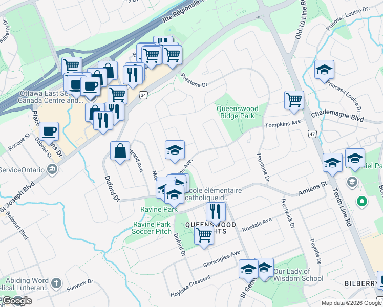 map of restaurants, bars, coffee shops, grocery stores, and more near 285 Tompkins Avenue in Ottawa