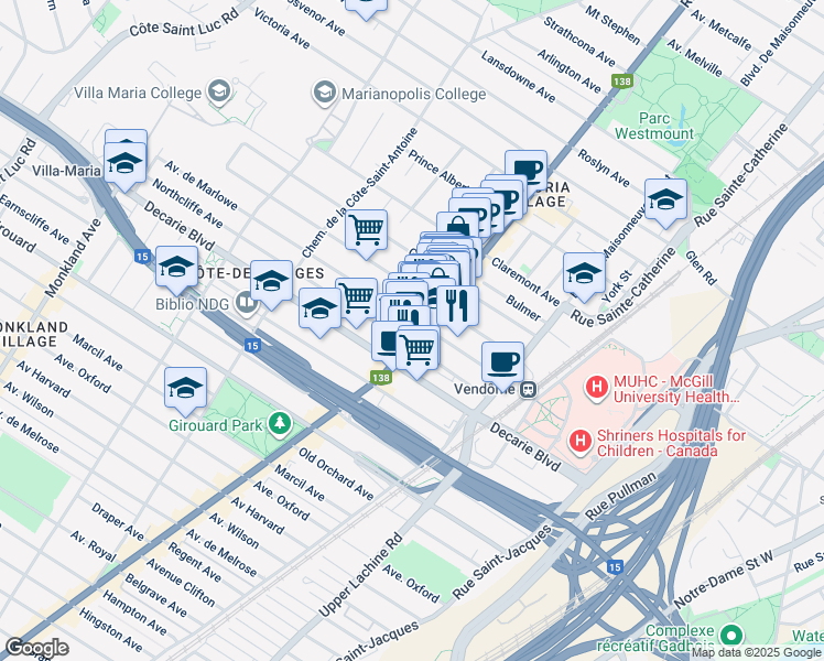 map of restaurants, bars, coffee shops, grocery stores, and more near 5209 Sherbrooke Street West in Montreal