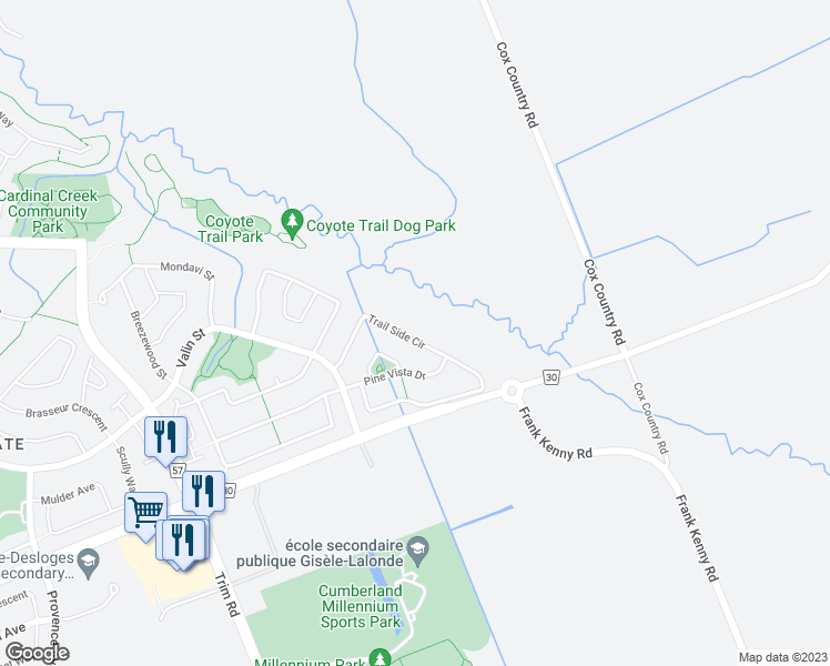 map of restaurants, bars, coffee shops, grocery stores, and more near 174 Trail Side Circle in Ottawa