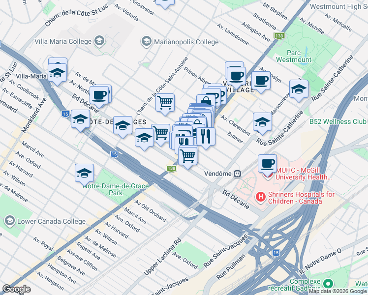 map of restaurants, bars, coffee shops, grocery stores, and more near 5201 Sherbrooke Street West in Montreal